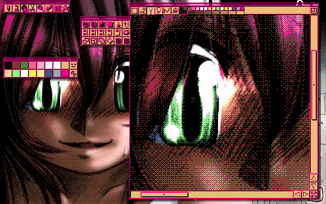 【デジタル8色アナログ16色】MAG形式生成のためのマルチペイント(MPS.EXE Ver1.01)画面、16色化にあたり、瞳の中にグレーが出てしまったのがちょっと残念かの?(^_^;)