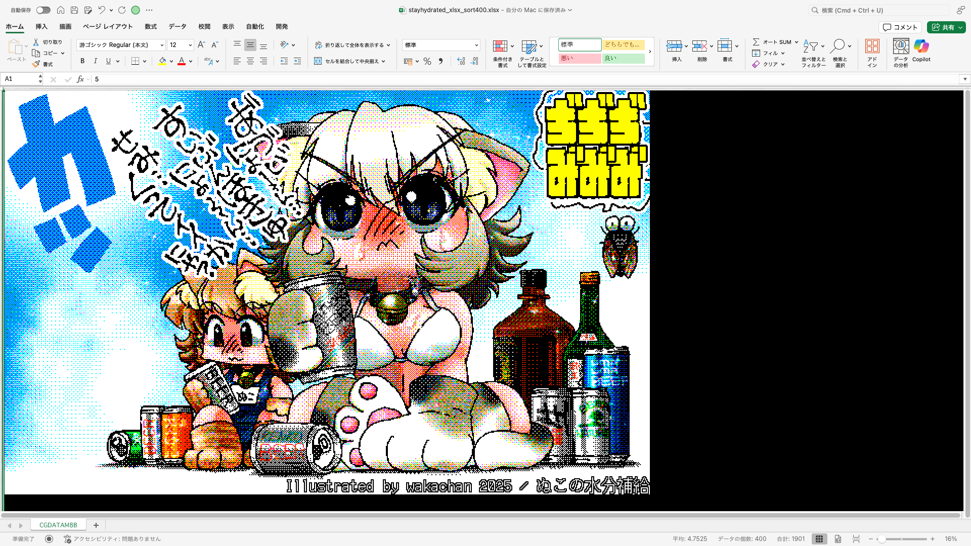 【ExcelArt(エクセルアート)】「ぬこの水分補給」Excel展開中の画面、640×400(PC9801)画面のExcel展開