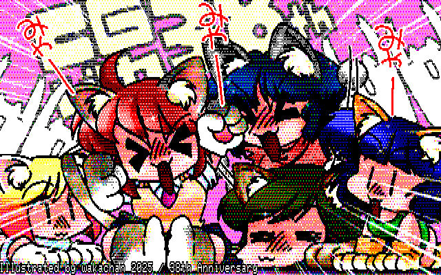 【デジタル8色アナログ16色】デジタル8色(8colors Dithering)版、流石にこんだけキャラがいると、640×200の8色は厳しいかな〜…と、思ったけど…なんとかイケた…か?ヽ(^.^;)丿 [KTY形式][KT4形式]