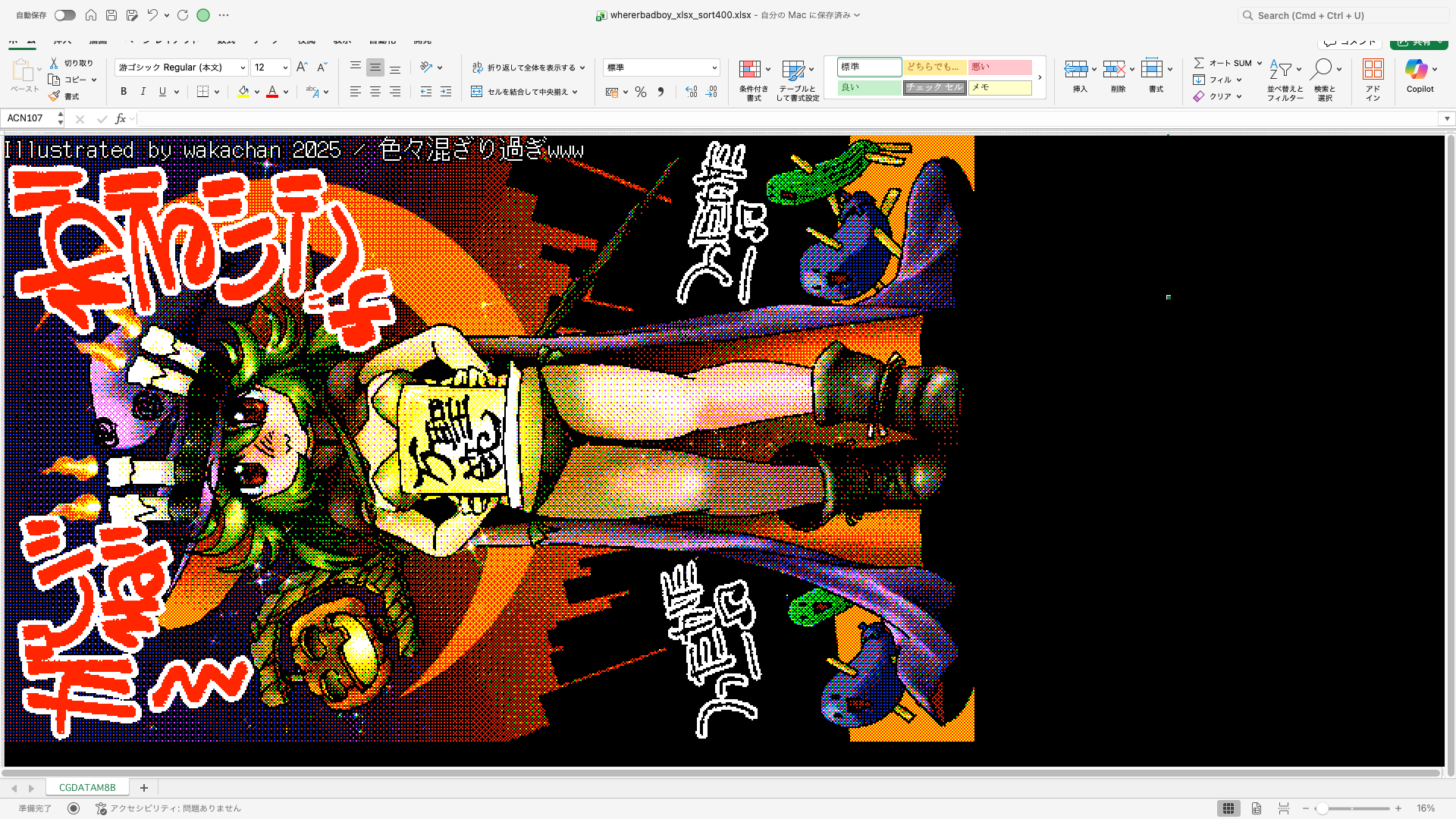 【ExcelArt(エクセルアート)】「色々混ざり過ぎwww」Excel展開中の画面、640×400(PC9801)画面のExcel展開