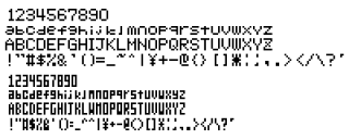 昔はこの5×7ピクセルのドット構成な文字をポケコンとか見てたハズだヽ(^.^;)丿見てたよね?見てたって言ってっヽ(^.^;)丿ちなみに、下段は3×7ピクセル構成、それなりに見えるから面白い(^_^;)