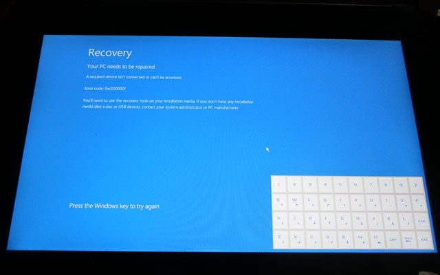 Latitude10システムクラッシュ7：その後、Latitude10は起動出来ず…「Recovery Your PC needs to be repaired A reauired device isn't connected or can't be accessed. Error code: 0xc000000f」リペアの必要があると言われてますが、そのリペアが出来ないんですってっ!ヽ(^.^;)丿尚、この事態に対応する方法として、Windows8のインストールメディアから回復コンソールを使い「bootrec /rebuildbcd」と打つといい…らしいのですが、作成したリカバリメディアはブートはするモノ「DELL Backup & Recovary」が即立ち上がり、それ以外の操作が出来なくなっています(^_^;)停める方法ってあるの??