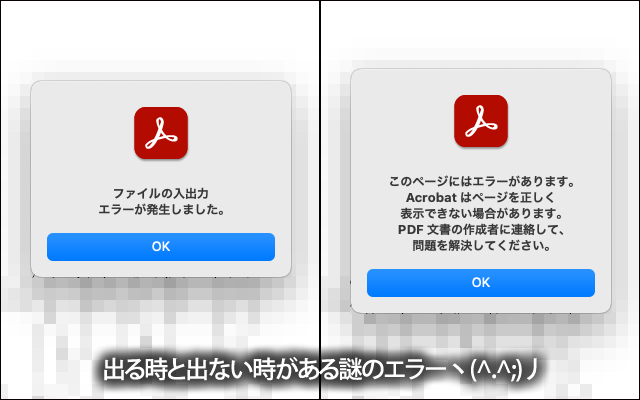 MBAのAcrobatReaderでよく出るエラー(出ない時もある)つか、ブラウザのPlug-In(Adobe)や他のPDFビュア、Windows10のReaderでは問題無く開けてるし、エラーの報告も上がらない、この環境でのみ発生しる(^_^;)