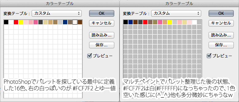 パレットを改めて確認すると、15色…(^_^;)マルペ画面中のパレットでも右2色が同じ色になっとるね(^_^;)