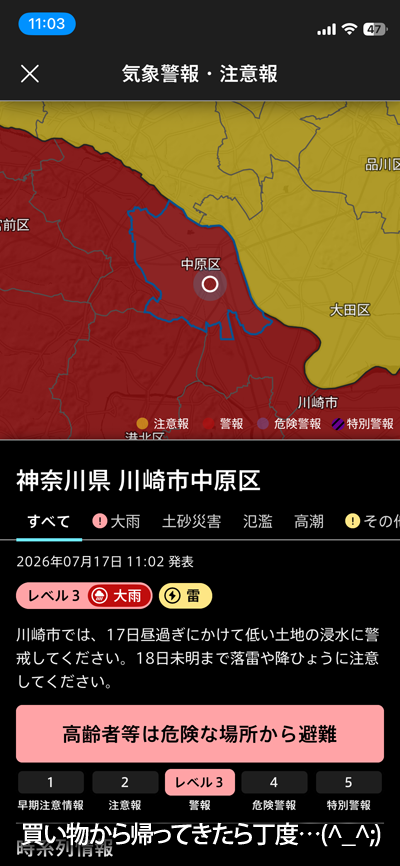 その後30分も立たない内にレベル3からレベル4へ…でも、そんなに雷鳴や雨風はひどく感じられず…むしろこの後しばらくしてからが雨脚強まってた…(^_^;)