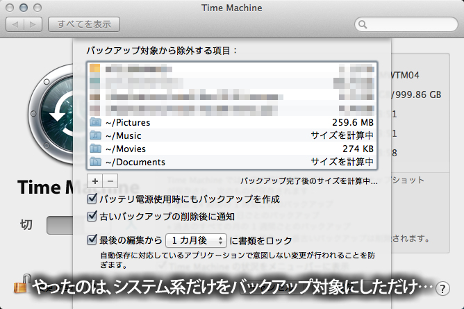 システムやアプリのみをバックアップ対象にして、その他を除外(そもそもこのMBP本体にはデータを保存してない ^_^;)