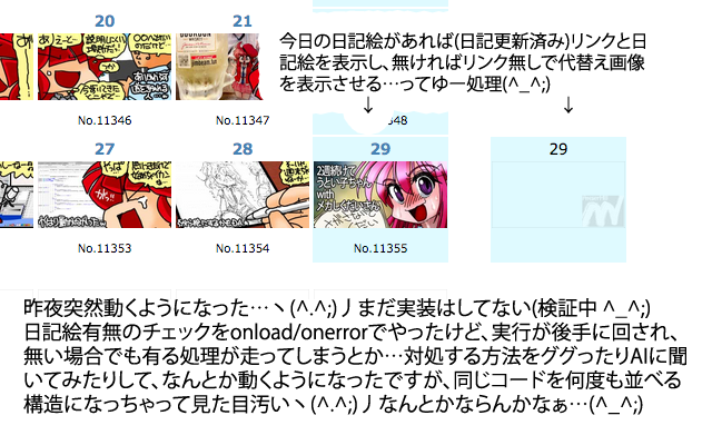 昨夜突然動くようになった…ヽ(^.^;)丿まだ実装はしてない(検証中 ^_^;) 日記絵有無のチェックをonload/onerrorでやったけど、実行が後手に回され、無い場合でも有る処理が走ってしまうとか…対処する方法をググったりAIに聞いてみたりして、なんとか動くようになったですが、同じコードを何度も並べる構造になっちゃって見た目汚いヽ(^.^;)丿なんとかならんかなぁ…(^_^;)